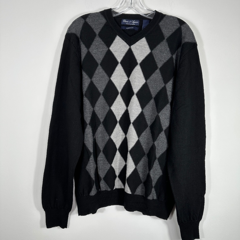 Davis & Squire Men's Size XXL Extra Fine Merino Wool Black Argyle Sweater